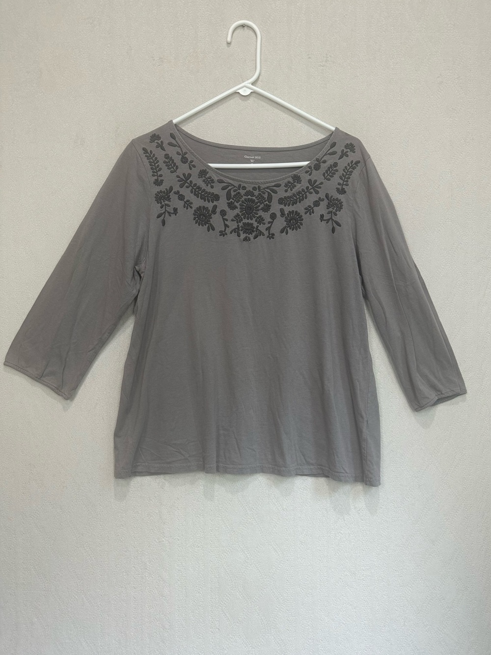 Garnet Hill Embroidered Modal Cotton Scoop Neck 3/4 Sleeve Top - Gray Sz XL